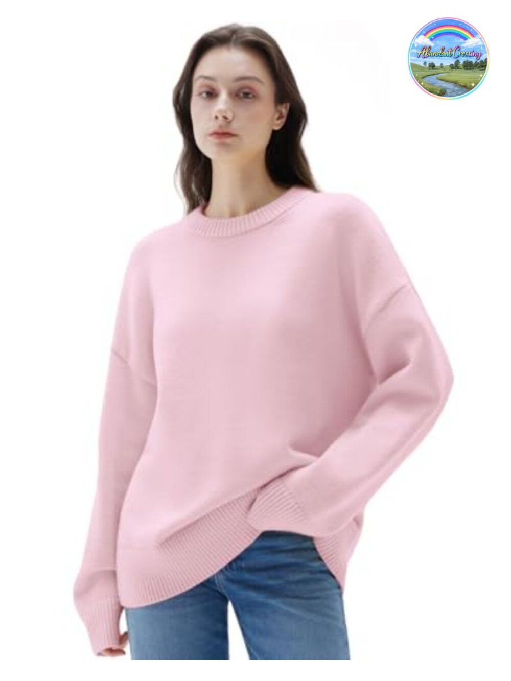 Women Cashmere Blend Crew Neck Oversized Long Sleeve Pullover Sweater